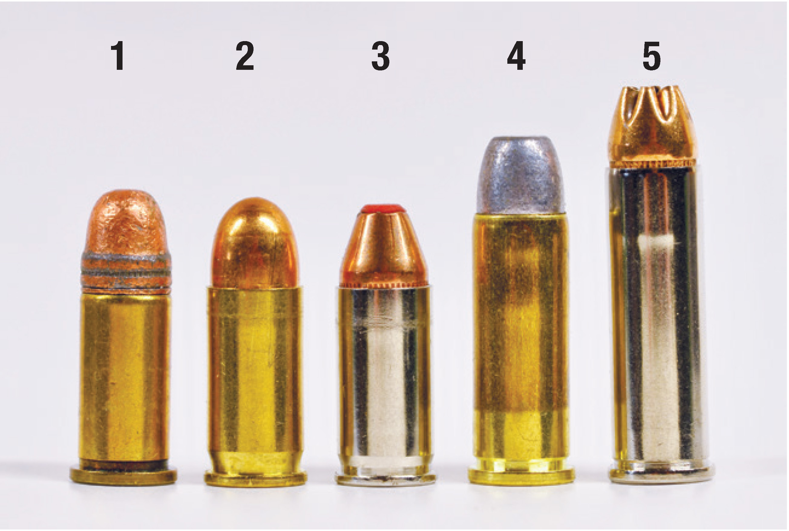 So many options: (1) 32 S&W, (2) 32 ACP (73-grain Roundnose solid), (3) 32 ACP (Hornady 60-grain Critical Defense), (4) 32 S&W Long and (5) 32 H&R Magnum (Federal 85-grain Hydra-Shok Personal Defense).